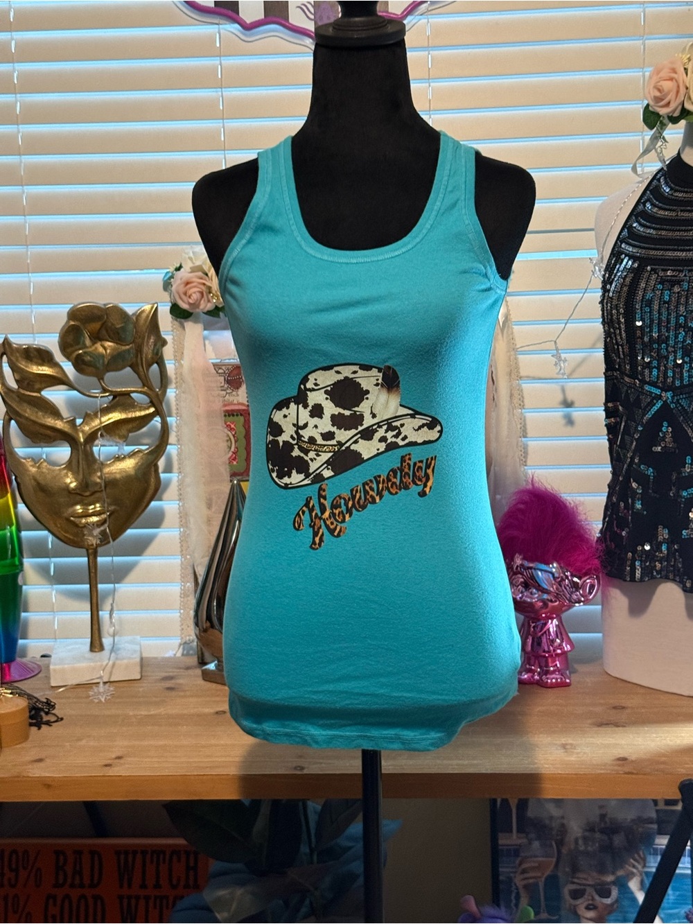 Upcycled Turquoise 'Howdy' Graphic Tank Top